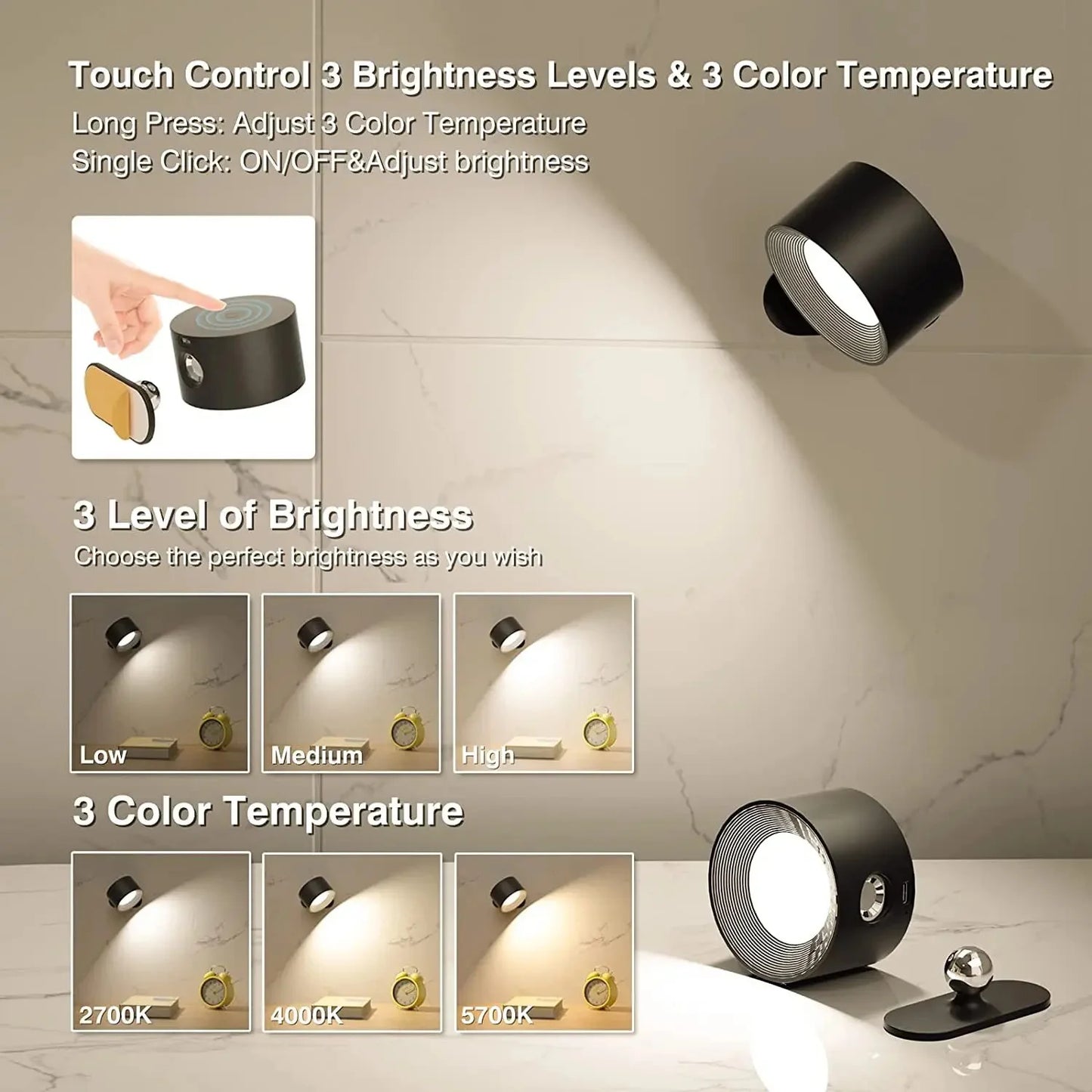 Modern LED Wall Sconces Lamp, 2000mA Battery USB Charging, Touch Controlled 3-level Brightness Modes, 360 Degree Free Rotation