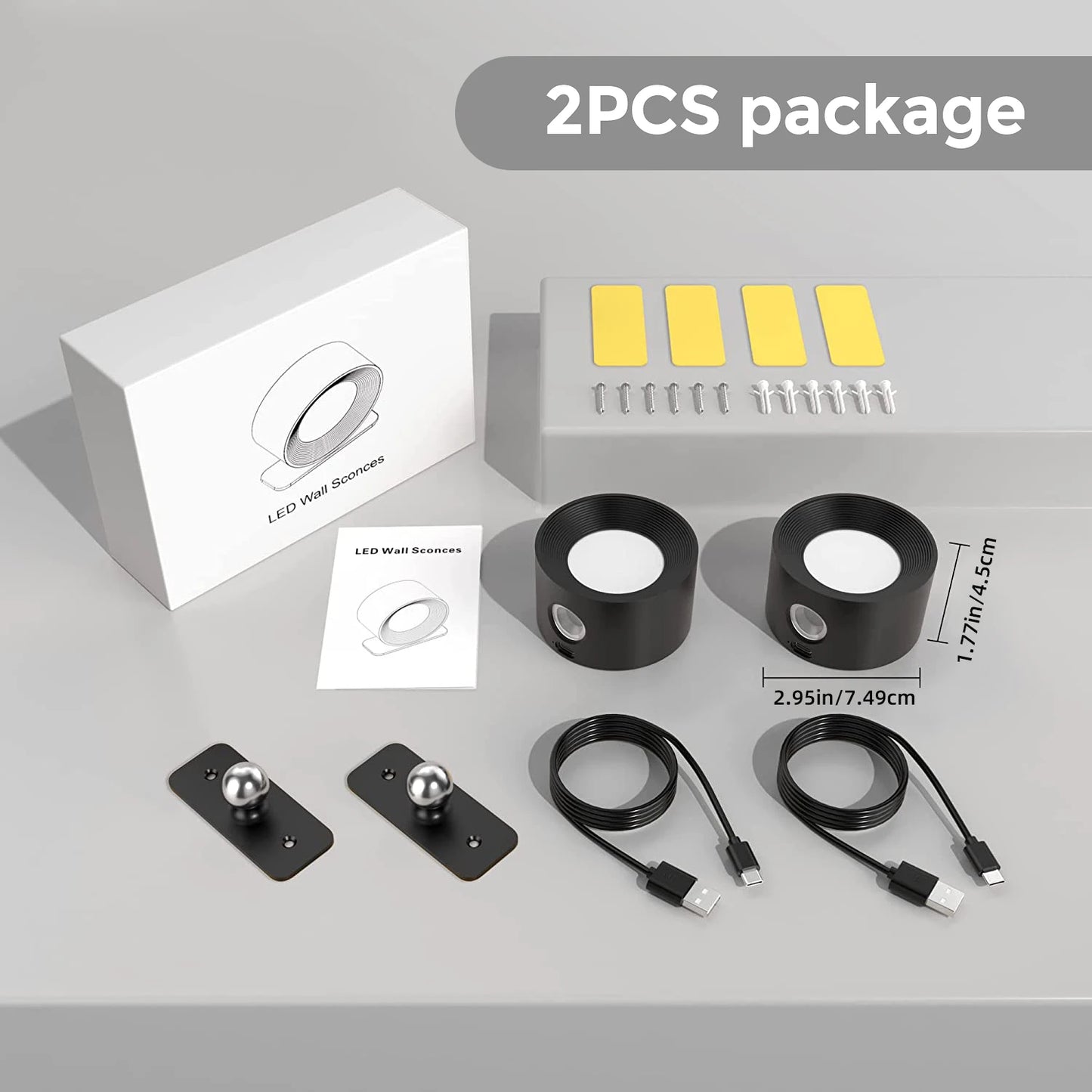 Modern LED Wall Sconces Lamp, 2000mA Battery USB Charging, Touch Controlled 3-level Brightness Modes, 360 Degree Free Rotation