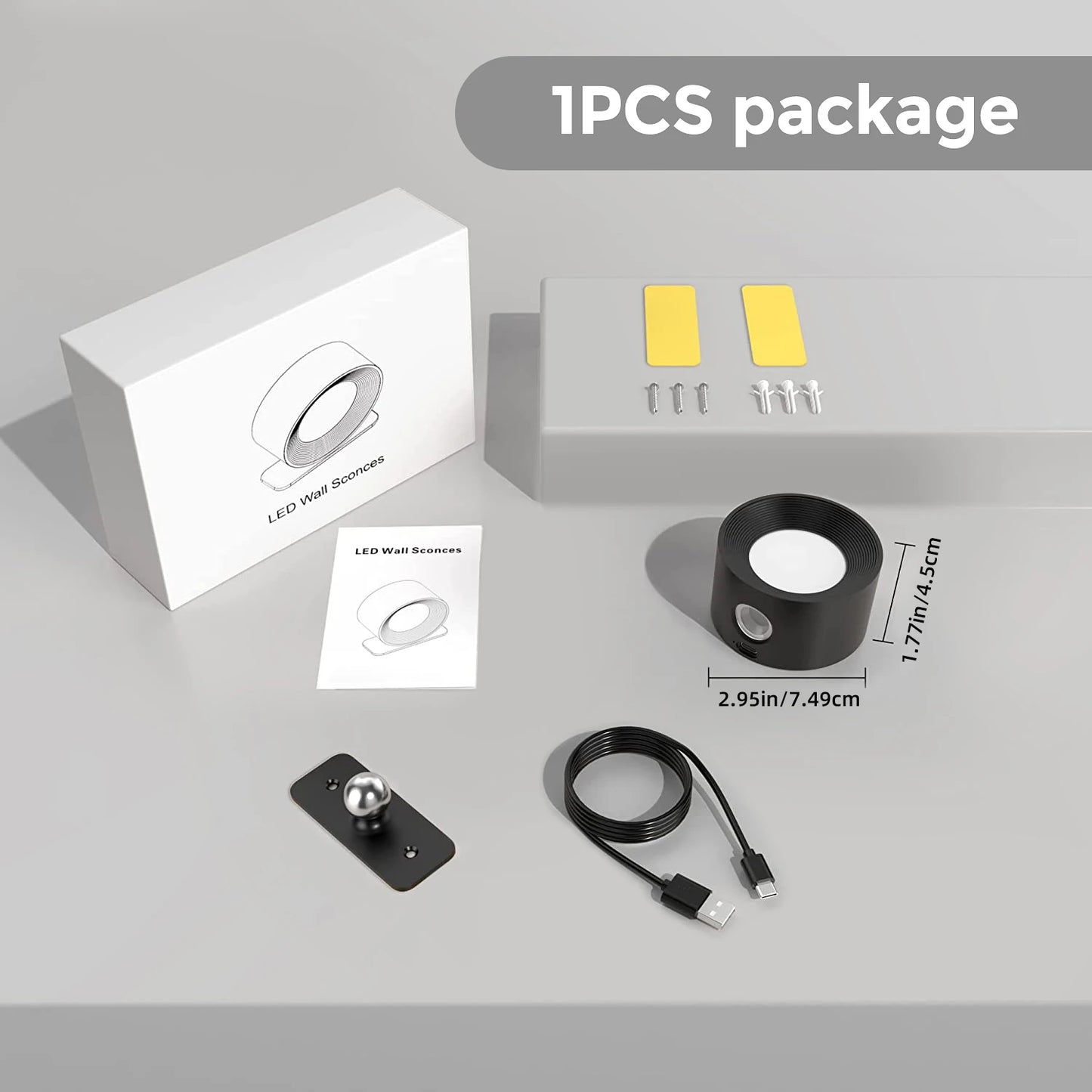Modern LED Wall Sconces Lamp, 2000mA Battery USB Charging, Touch Controlled 3-level Brightness Modes, 360 Degree Free Rotation